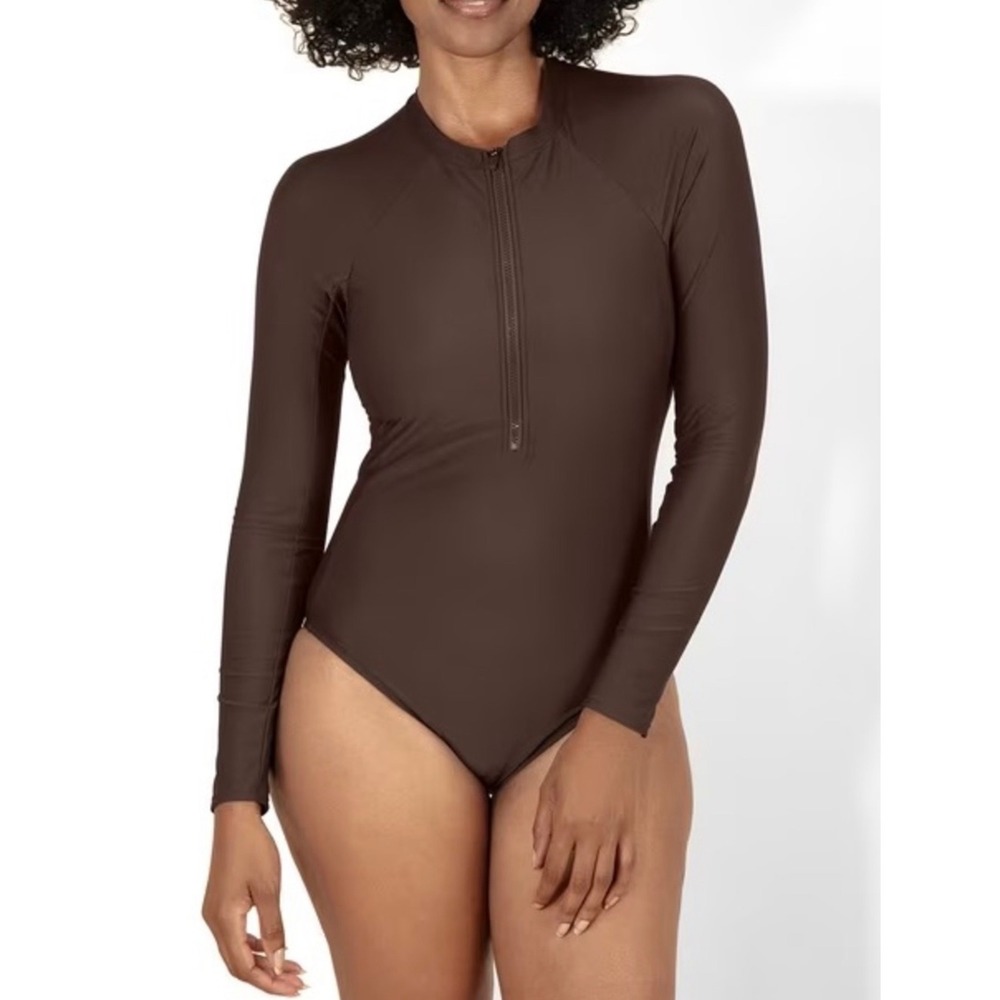 Skims Brown Long Sleeve Zip Front One Piece Swimsuit Mock Neck Swim small
